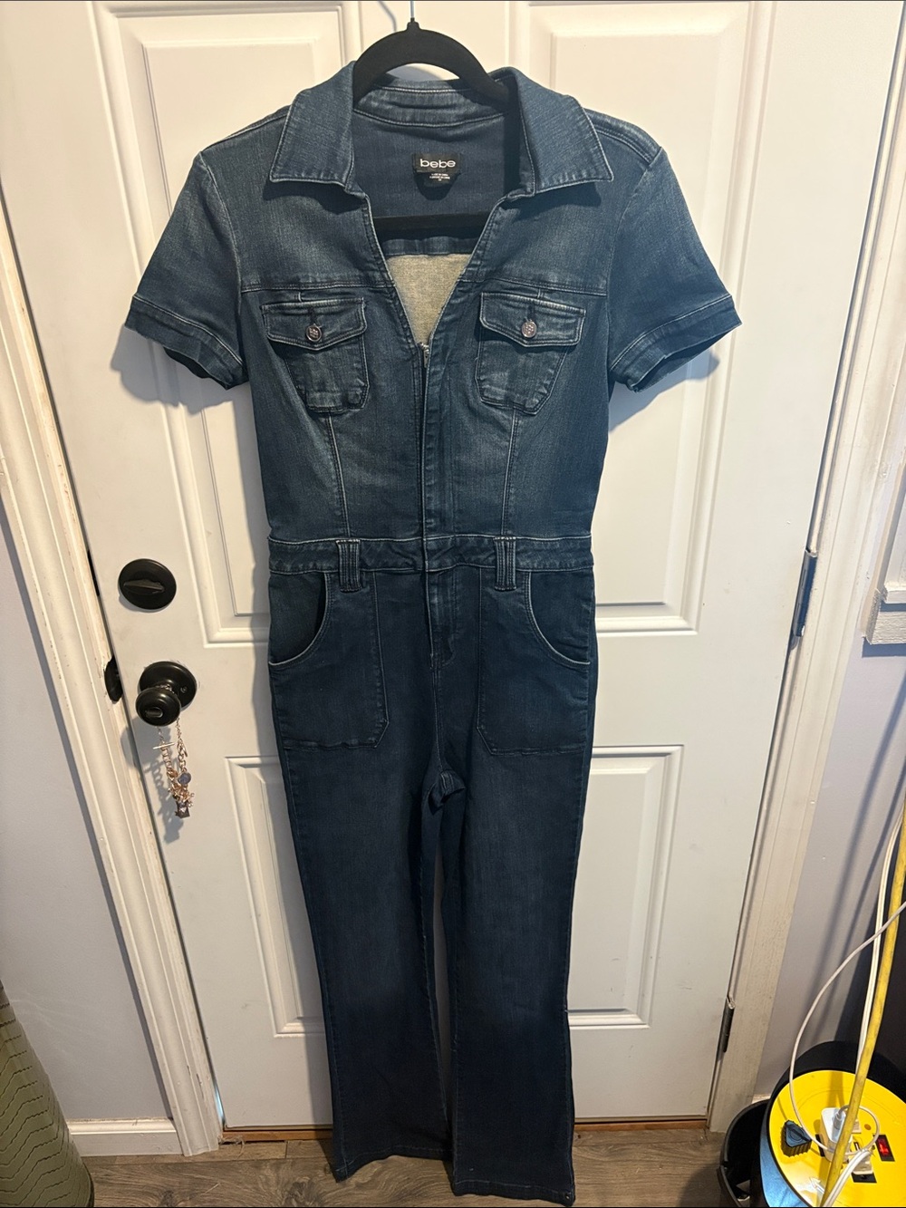 bebe Dark Blue Denim Short Sleeve Jumpsuit Romper